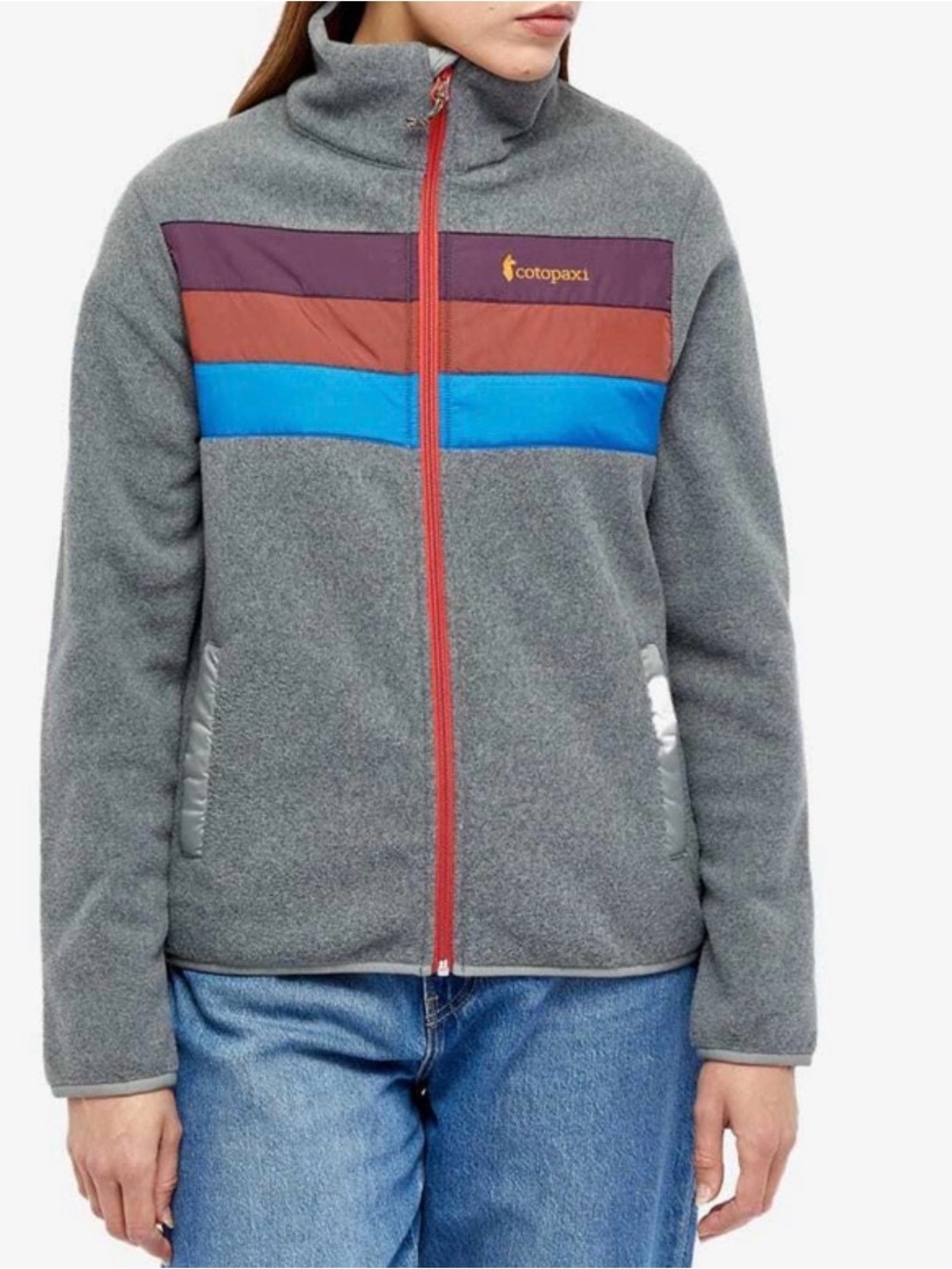 Cotopaxi Gray Fleece Jacket with Plum, Rust & Bright Blue Panels